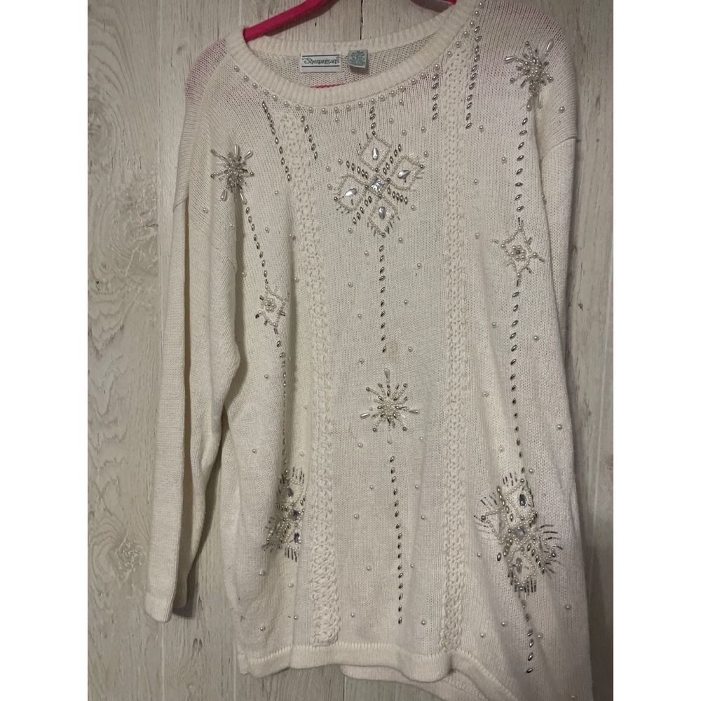Vintage Shenanigans Women's Sweater Size M Cream Flower/Sequin/Beads